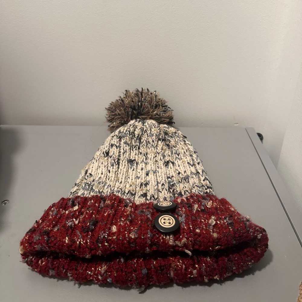 Grey and Red Button Beanie